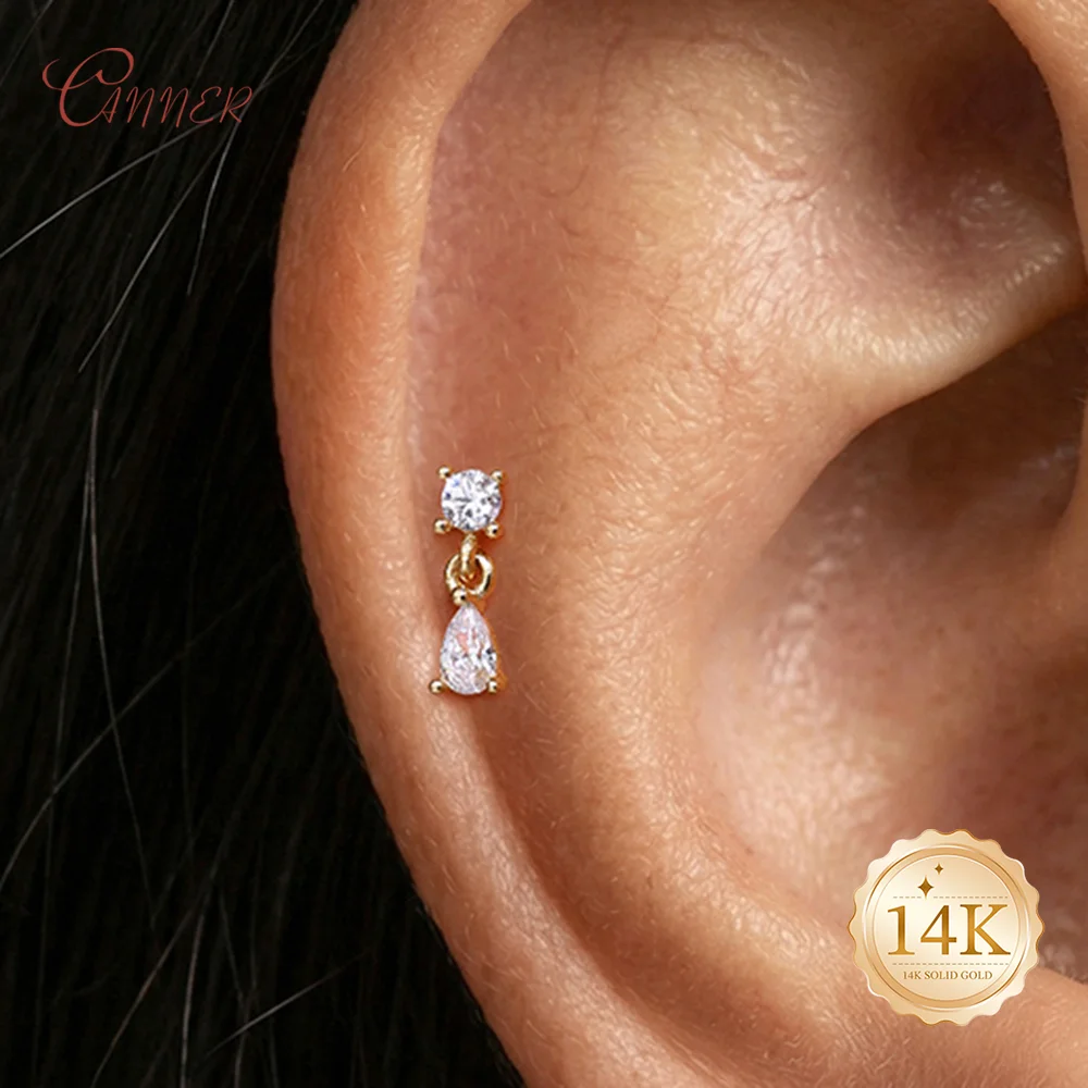 CANNER 14K Solid Gold Classic WaterDrop Pendant Piercing Earrings For Women Dainty Luxury Ear Bone Earring Anniversary Gifts