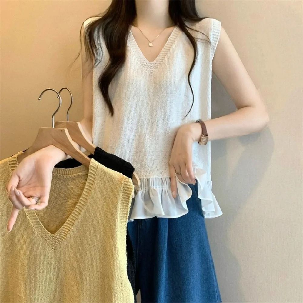 

Ins Style Sleeveless Summer Knitted Vest V-neck Sweet Crochet Crop Tops Patchwork Korean Style Mesh Ruffle Camisole Beach