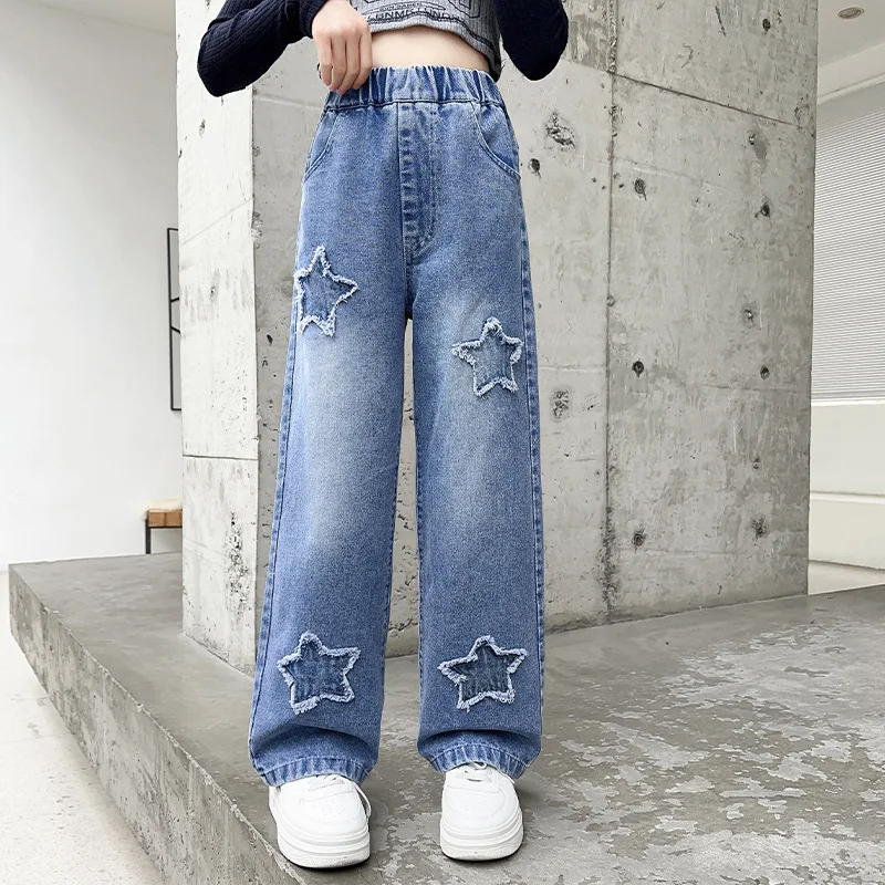 

New Arrival Girls Jeans Pants Spring Autumn 2023 Denim Trousers Fashion Star Wide Leg Pant Teenage Solid Color Clothes 8 To 12T