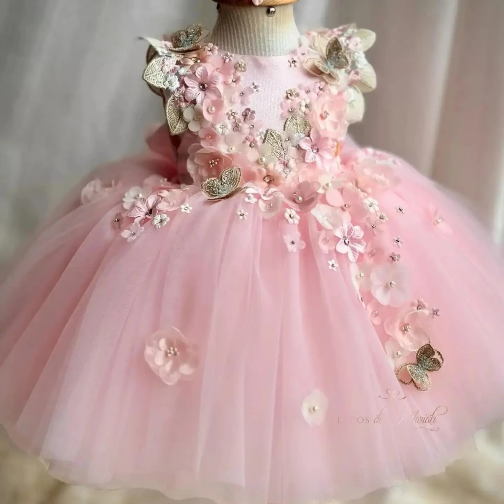 

Pink Lovely Flower Girl Dresses Toddler Girl's Birthday Gowns Floral Customized Newborn Baby Infant First Communion Dresses