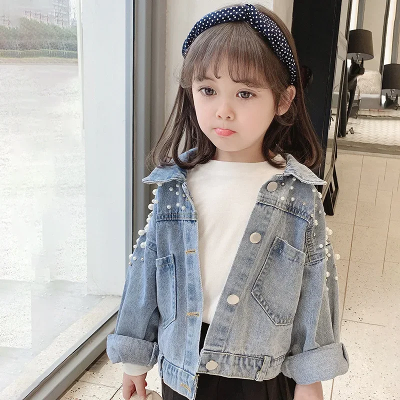 New Spring Autumn Pearl Embellishment Teenage Girls Denim Coat Children Fashion Windbreaker Kids Birthday Present Outerwear