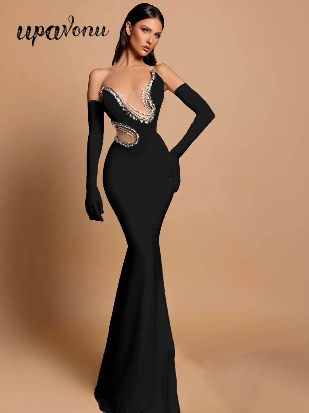 2024 Sexy Women Heavy Industry Nail Bead Design Maxi Dress Strapless Glove Design Bodycon Backless Long Dress Club Party Vestido