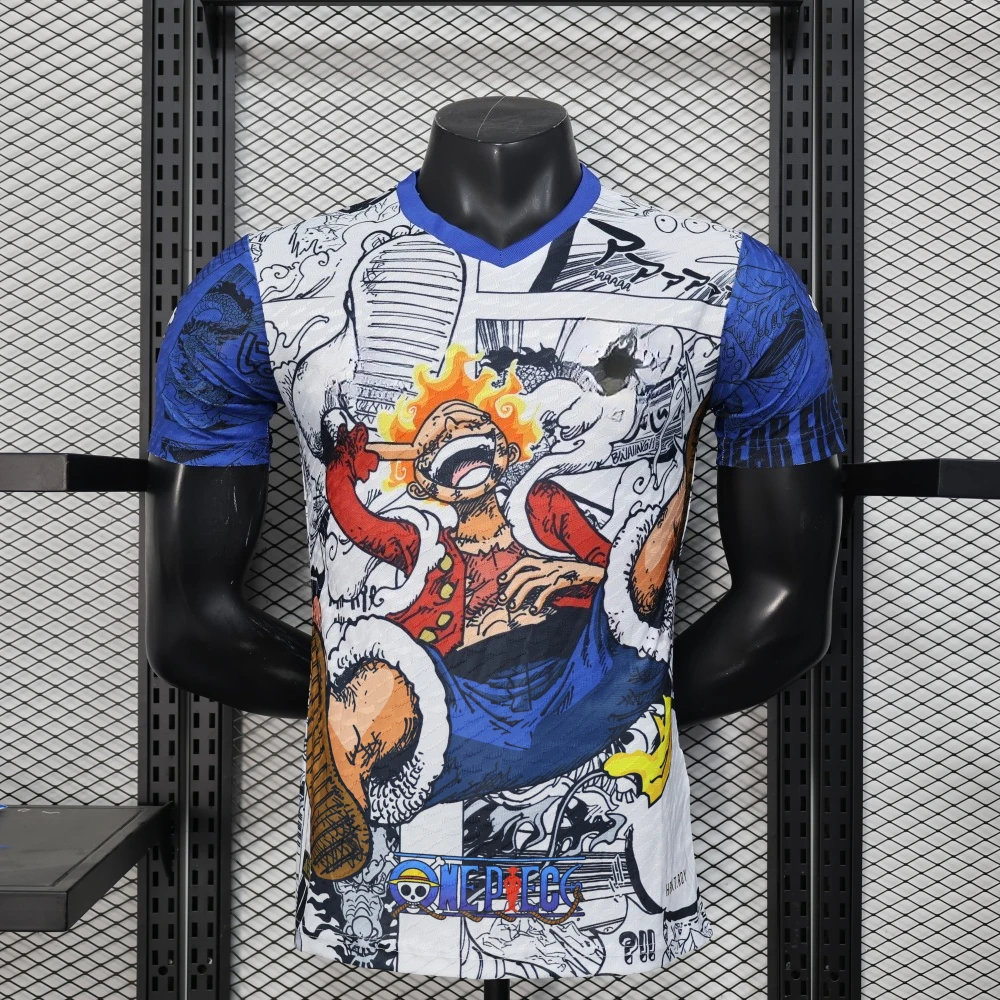 

One Piece Luffy Graphic Soccer Jersey - Blue & White Manga Art V - Neck Unique Anime Fan Wear for Sports Lovers