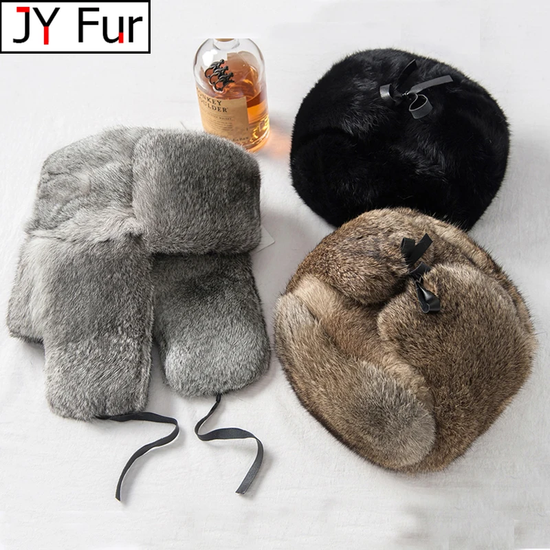 Rabbit Fur Cap Man Winter Genuine 100% Fur Bomber Hat Windproof Warm Earmuffs Male Flat Grey/Black Russian Hat Fitted Casquette