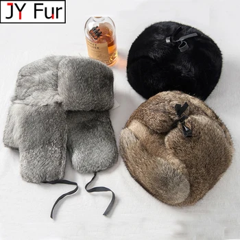 หมวกขนสัตว์กระต่ายชายฤดูหนาวของแท้ 100% FUR BOMBER หมวก Windproof WARM Earmuffs ชายแบนสีเทา/สีดํารัสเซียหมวกติดตั้ง Casquette