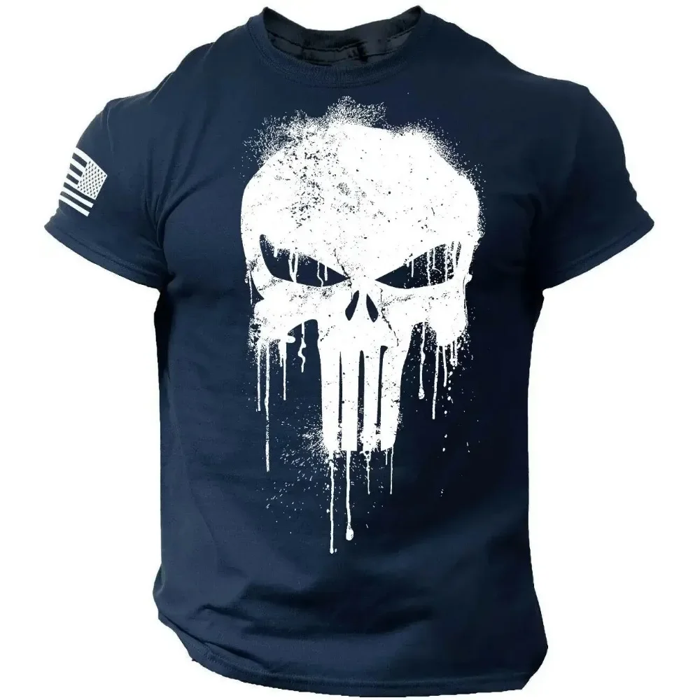 Summer Vintage Men's T-Shirt Military Skull Print Short-Sleeve Casual Pullover Relaxed Fit Men Outdoor Apparel Crew Neck T-Shirt