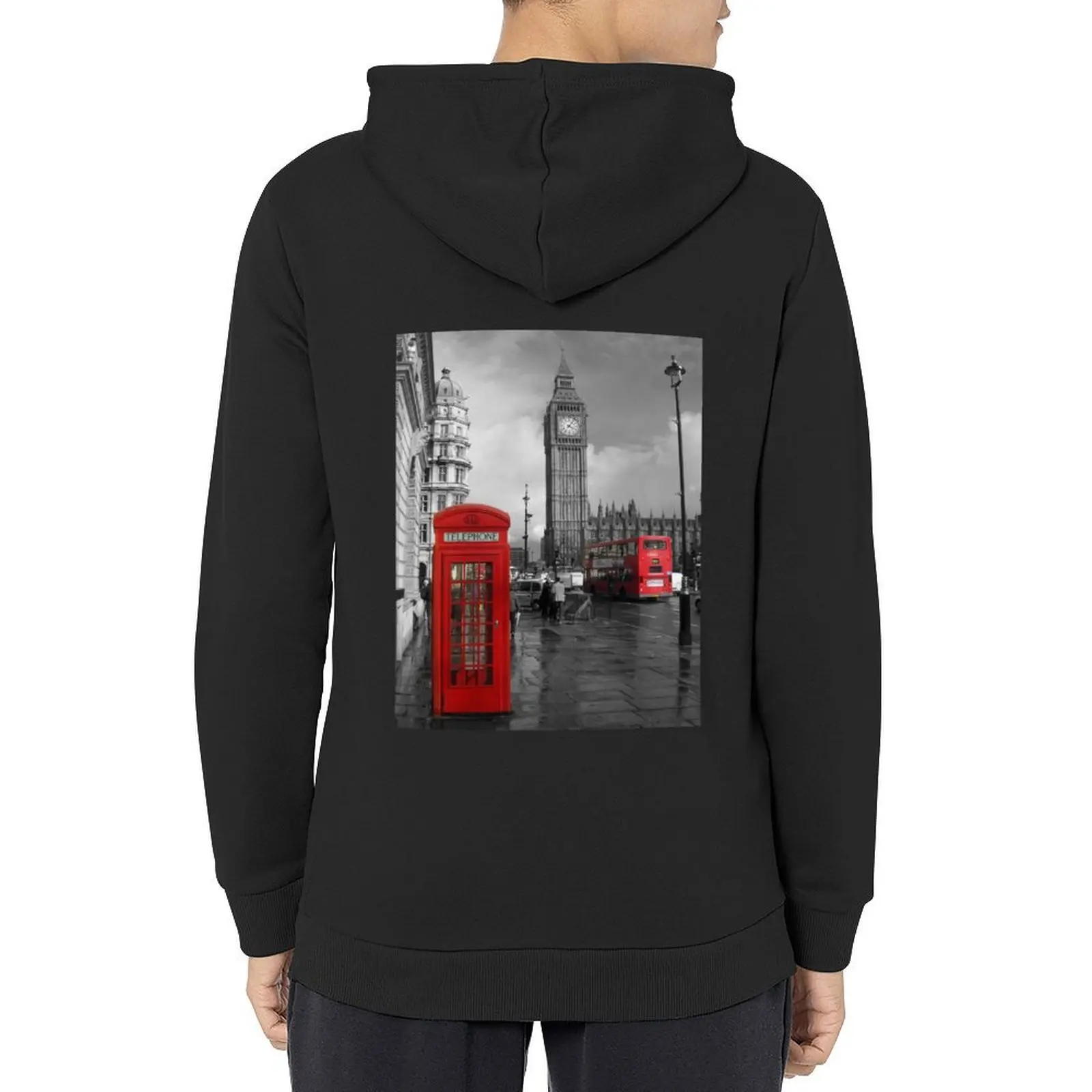 

London England city black and white photo of Big Ben with red phone booth and red double decker bus Hoodie