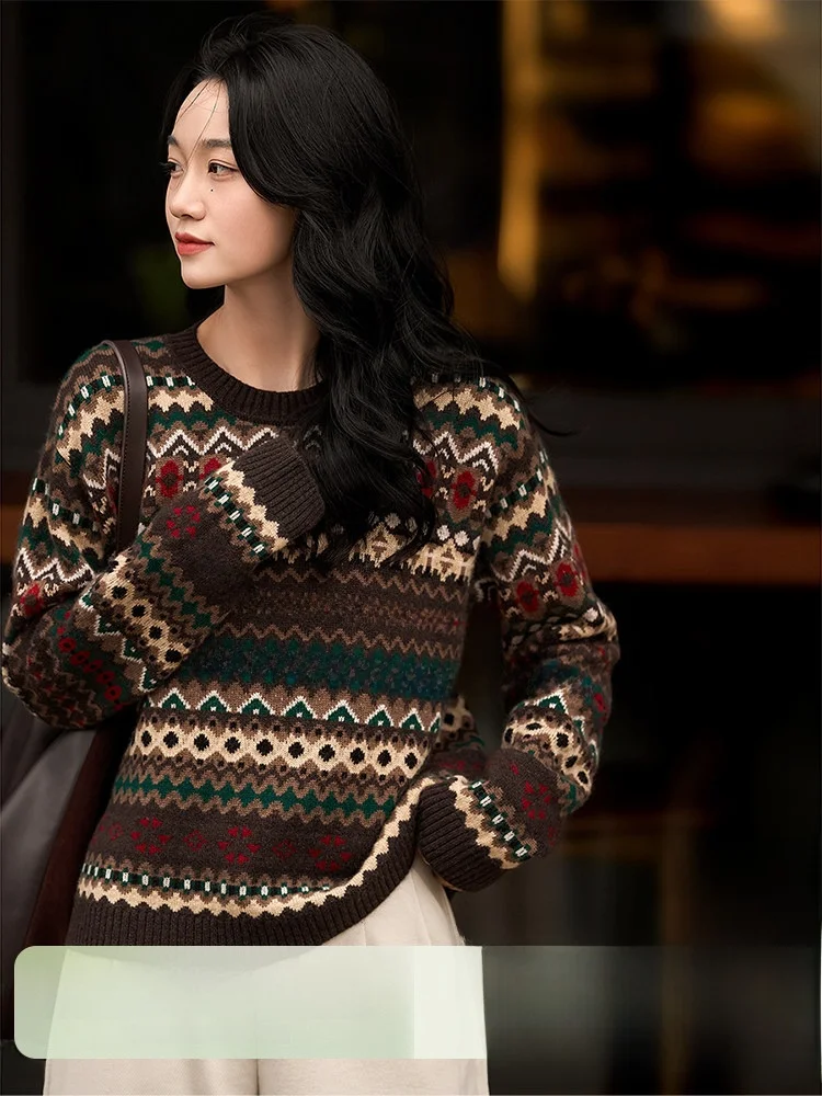 

XiaoHanGe Fair Isle Knitted Wool Camere Top Women's Casual Comfortable Long Sve round Ne Knitted Sweater
