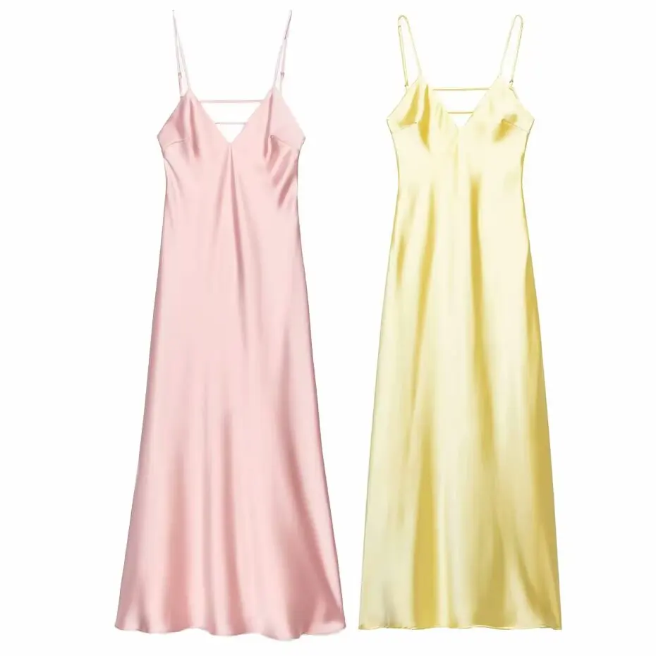 

BM&MD&ZA Womens Elegant Sexy Low Cut Neck Spaghetti Strap Midi Dress with Backless Decoration