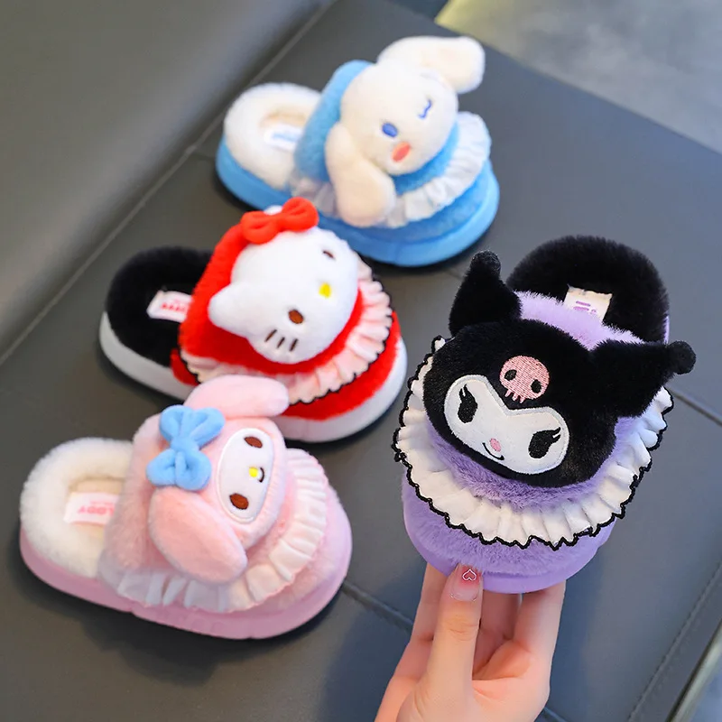 Sanrios Winter Child Cotton Slippers Girl Hello Kittys Plus Velvet Home Shoes Kawaii Cartoon Anti-Slip Include Heel Cotton Shoes