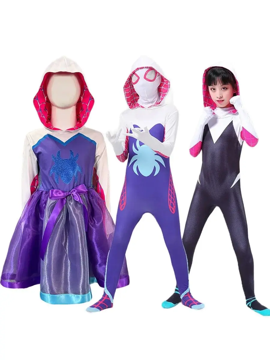 Disfraz de Gwen Ghost Spider para niñas, traje de Halloween, Cosplay con capucha, fiesta de vacaciones, disfraces de fantasía para niños, atuendo Sexy