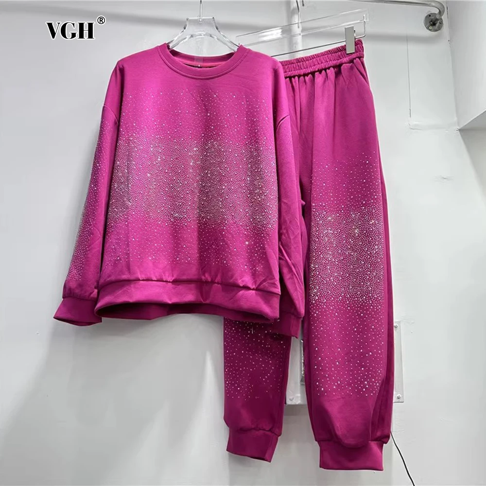 VGH Solid Pathwork Sequins Two Piece Set For Women O Neck Long Sleeve Top High Waist Spliced Elastic Pant Casual Suit Female New