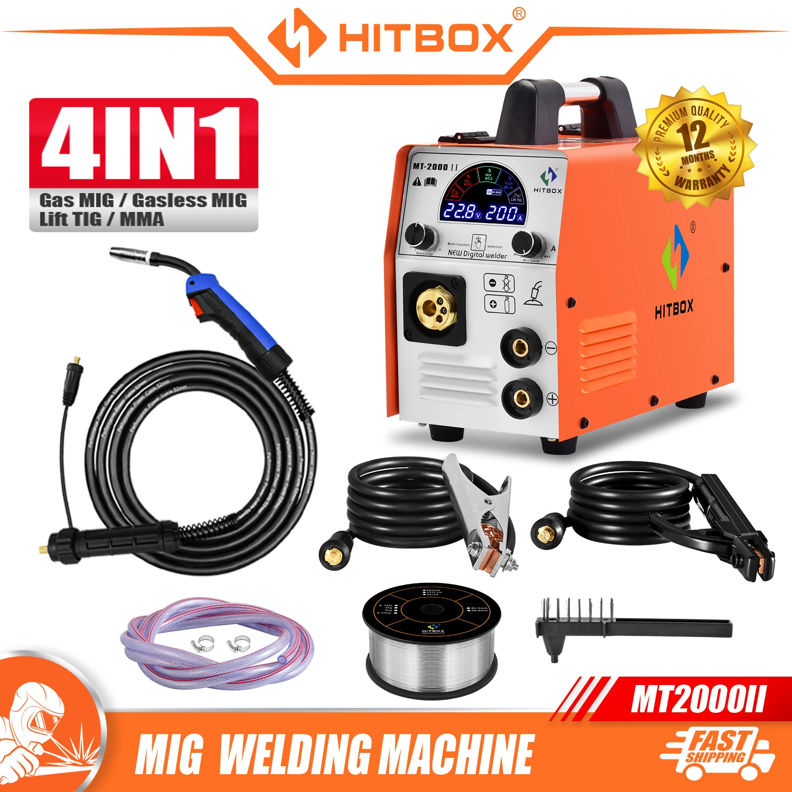 HITBOX MT2000II 4-in-1 Schweißgerät 220V IGBT Inverter MIG Gas/Gaslos MMA Lift TIG Schweißgerät mit stabilem Drahtvorschub Multifunktionales Schweißgerät