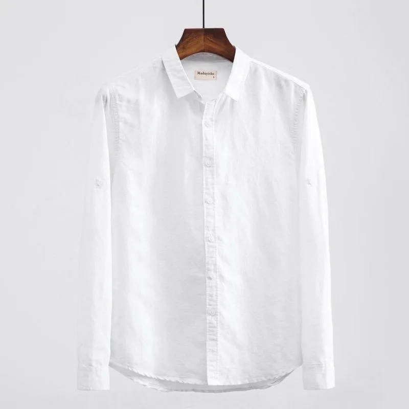 

Spring Casual Cotton Linen Shirt Long Sleeve Square Collar Youth Trendy Slim Fit Base Layer Shirt Men's White Shirt Male