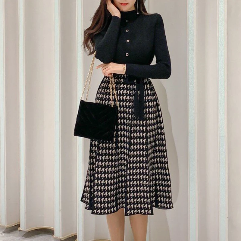 Women Korean Fashion Houndstooth Bow Lace Up Elegant Chic Knitted Dresses Autumn Winter Half High Collar Slim Long Sleeve Dress