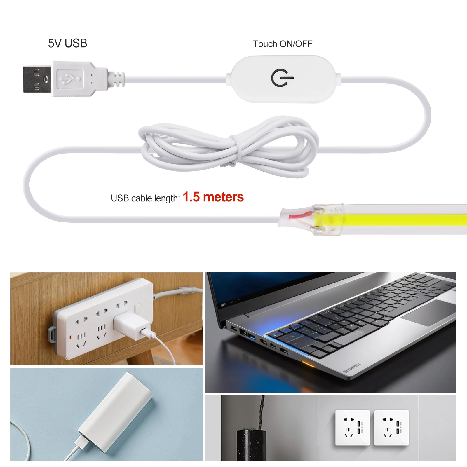 USB LED Strip Light DC 5V 320LEDs/m COB Tape With Dimmable Touch Sensor Switch DIY TV Mirror Backlight 0.5m 1m 2m 3m 4m 5m