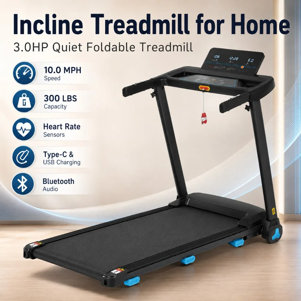 3.0HP Incline Treadmill for Home, Foldable Electric Running Machine with 10MPH Speed, 8% Manual Incline, 300LBS Weight Capacity, Quiet Motor, Heart Rate Monitor, Bluetooth Speaker, Type-C & USB Charging Station, Shock Absorption System