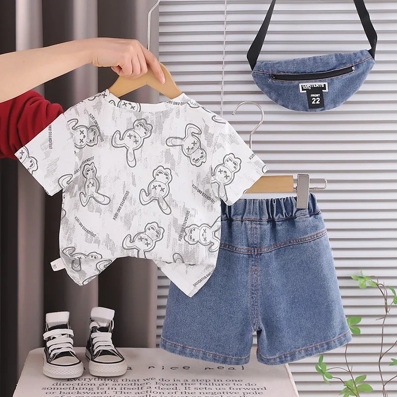 Trendy Toddler Boys Outfits Summer Cartoon Rabbit Short Sleeve T-shirt + Denim Shorts + Fanny Pack 3pcs Kids Casual Clothing Set