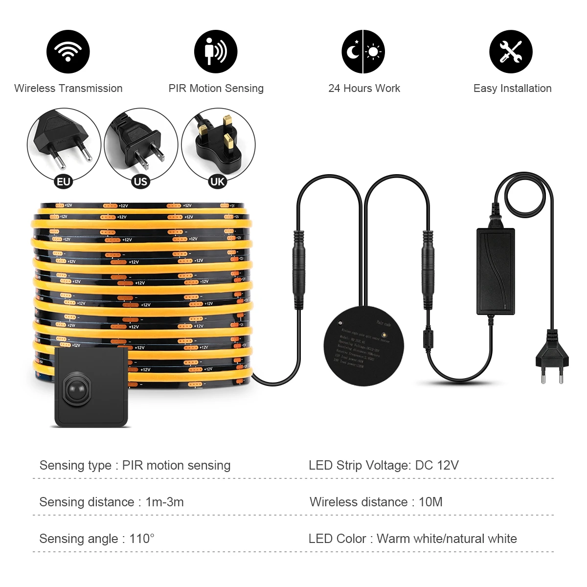 LED Night Light with Human Boday Sensor,12V Black FCOB LED Strip 5m 10m,Easy to hide,ReMovable  Sensors For Indoor Lighting