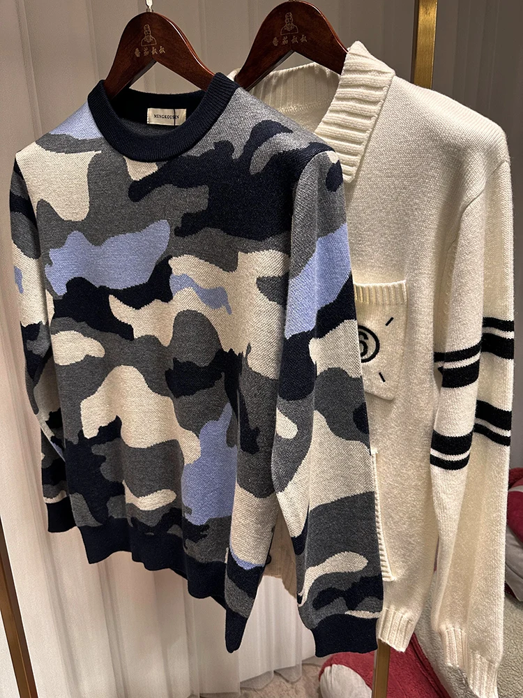 

Soft Skin-friendly Men's Faionable Silk Wool Knitted Sweater Autumn Winter Long Sve round Ne Urban Sle Camouflage Pa...
