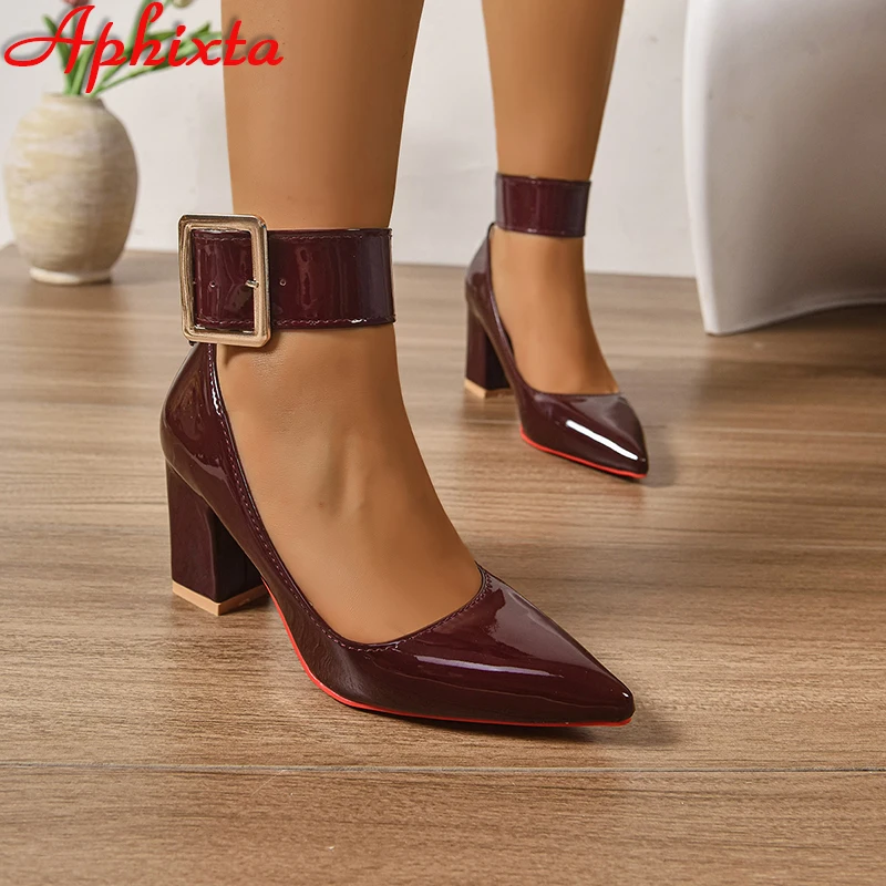 Aphixta Pumps Women 4cm Strap Belt Buckle Pimps Shoes 2.76 Inch Chunky Heels Super Big Size 35-53
