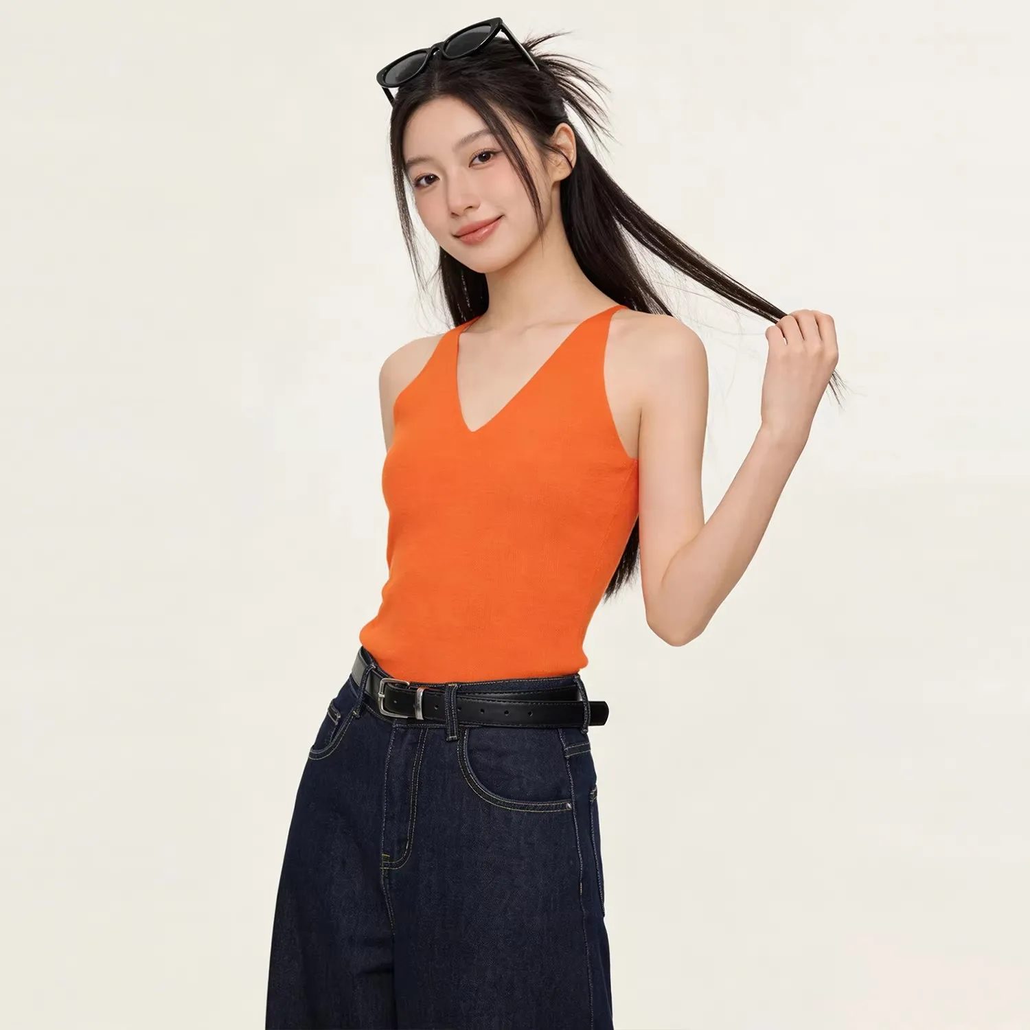 V-neck Sleeveless Knitted Vest for Women 2026 Summer New Korean Style Orange Slim Short Tops Sexy Backless Pullover Tank Tops