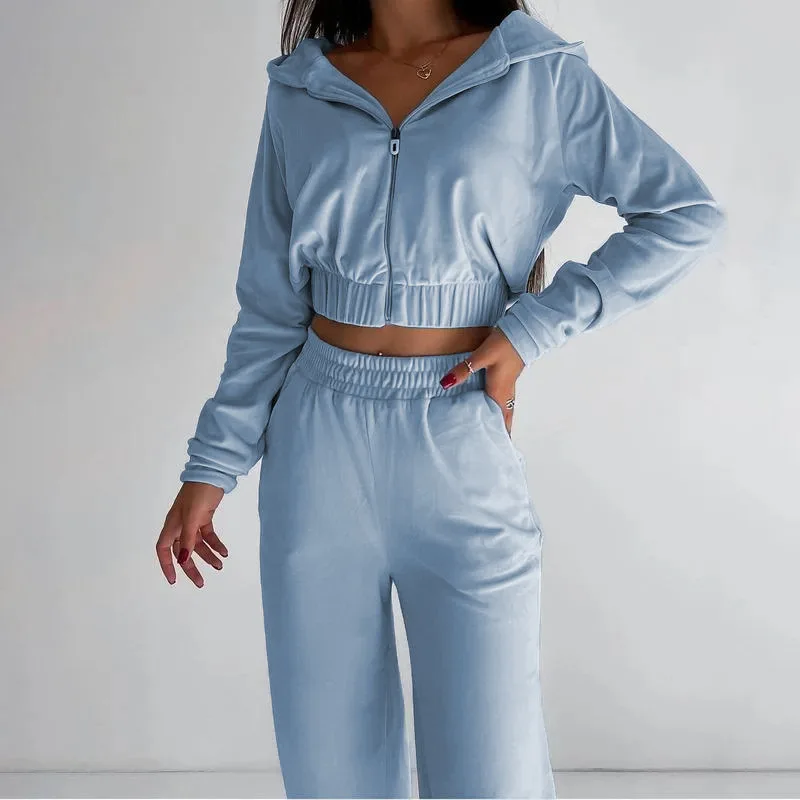 Spring Autumn Women two piece Hoodie Sweatshirt Zipper Tube Crop Top High Waist Wide Leg Pants Tracksuit Casual Outfit 2023