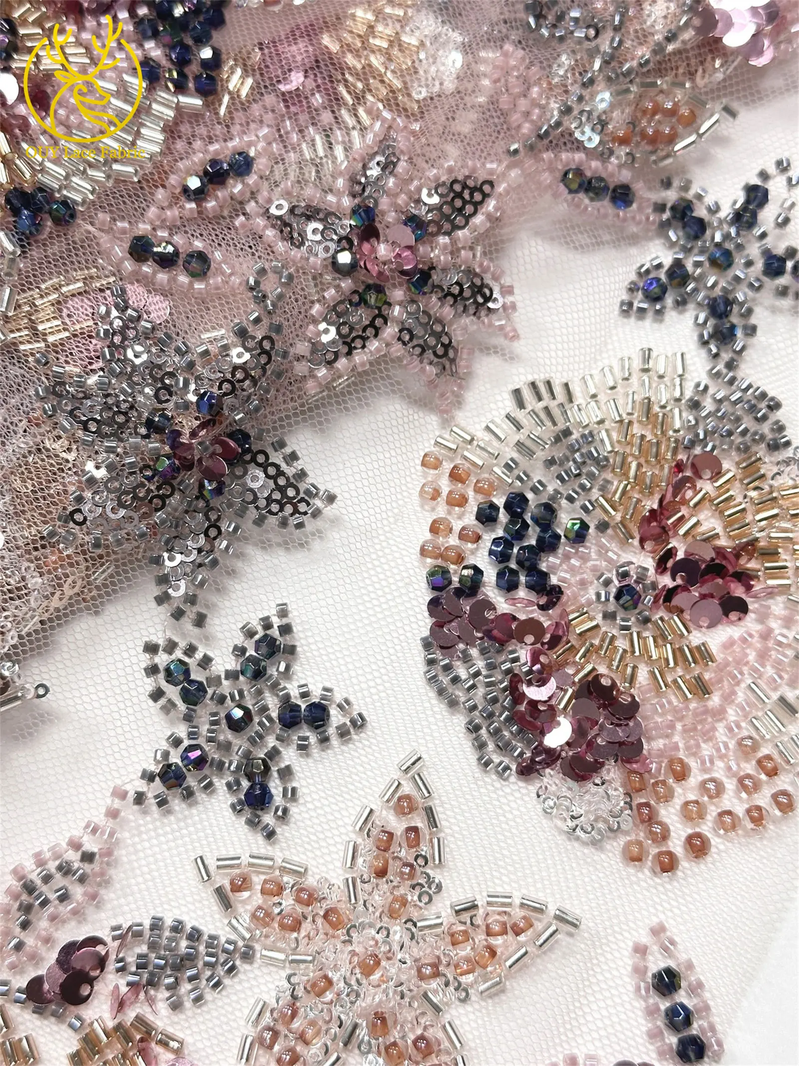Modischer nigerianischer bestickter Perlen-Spitzenstoff, eleganter afrikanischer Pailletten-Netzstoff für Brautkleider und Partykleider zum Nähen – Detail 21