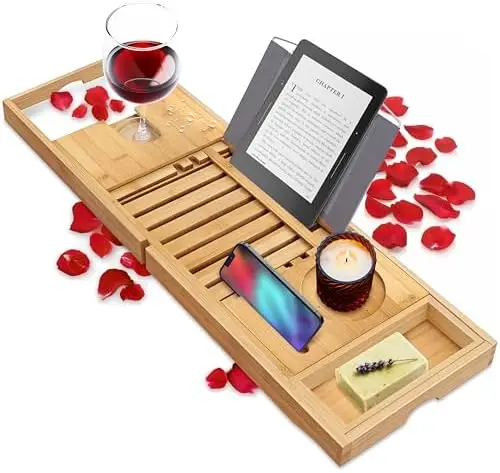 

Bamboo Bathtub Caddy - Adjustable Spa Tray with Wine Holder & Phone Slot
