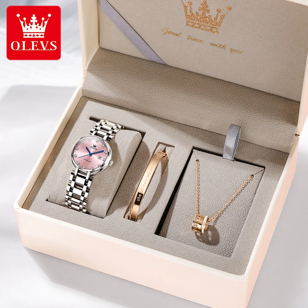 OLEVS 5575 Women's Watches Pink Roman Scale Diamond Dial Elegant Bracelet Necklace Watch Set Gift Fashion Simple Wristwatch