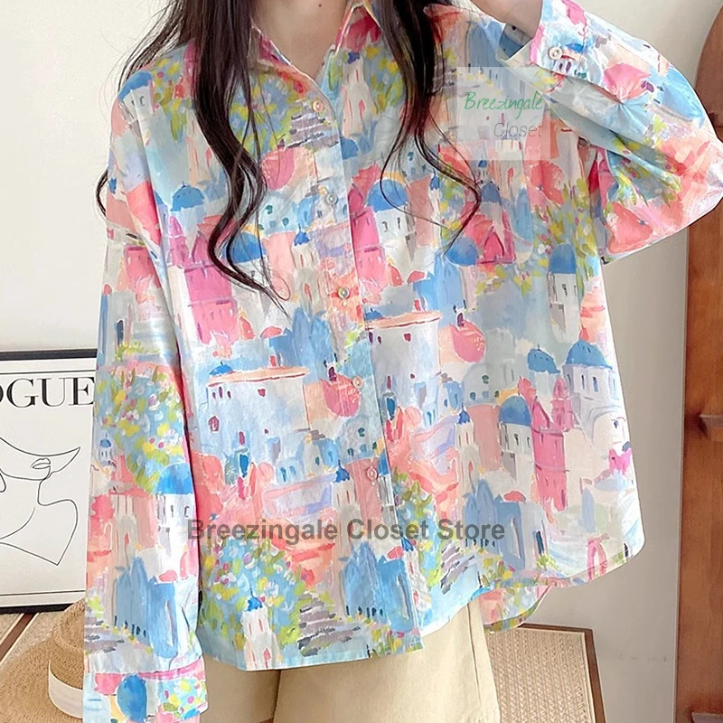 

French doll collar shirt women's spring dress new Harajuku style loose oil painting graffiti pocket cotton long-sleeved shirt
