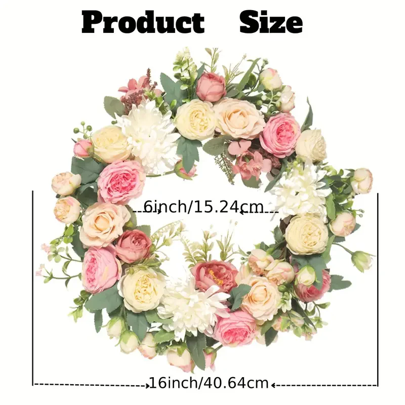 

24" Peony & Rose Wreath - Real Touch Artificial Flowers for Wedding/Seasonal Decor, Indoor Outdoor Use, 4-Season Faux Floral Arr
