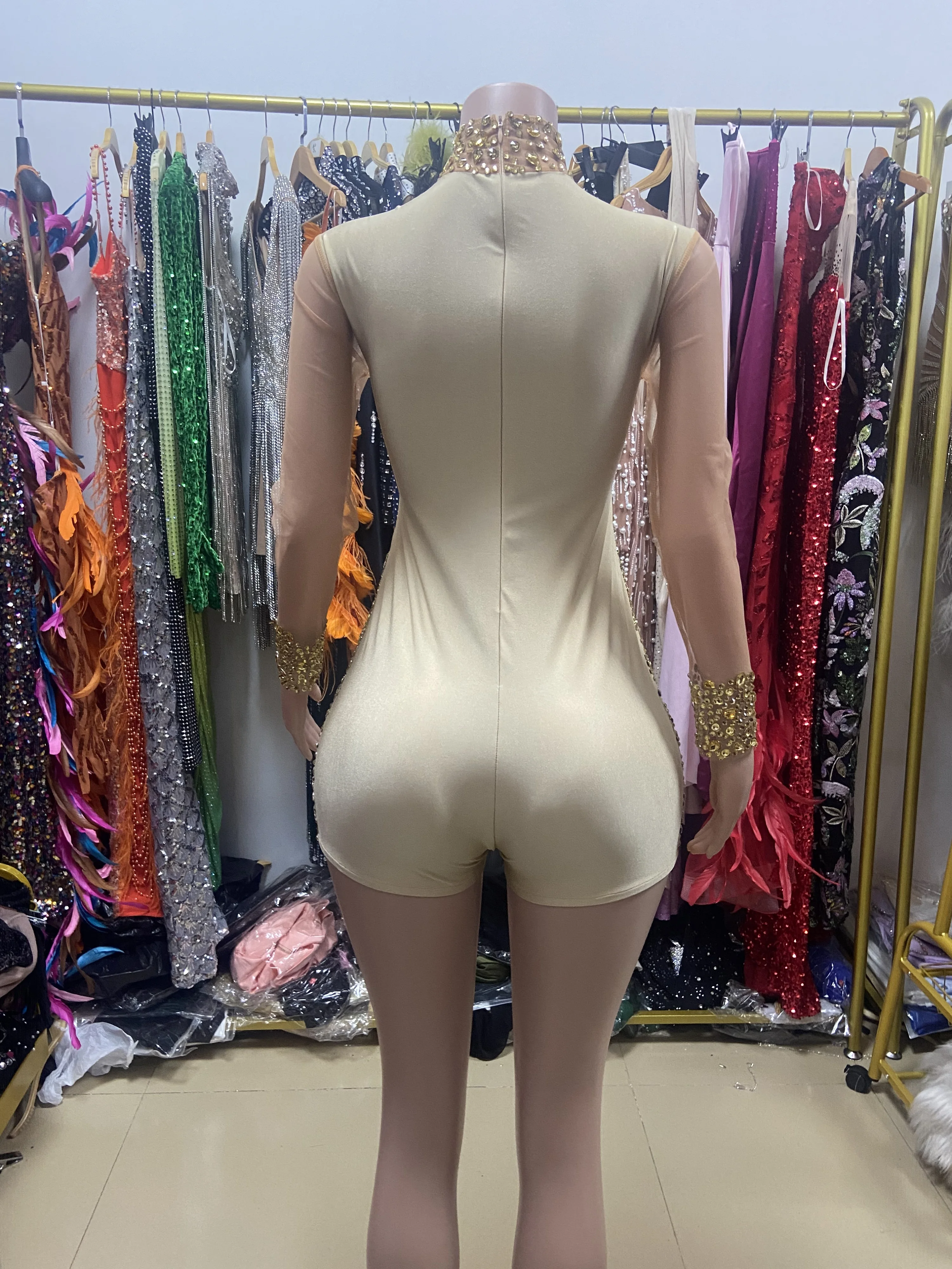 Body transparente con cristales dorados brillantes para mujer, traje Sexy para club nocturno, fiesta de cumpleaños, baile, mono, traje para espectáculo en escenario