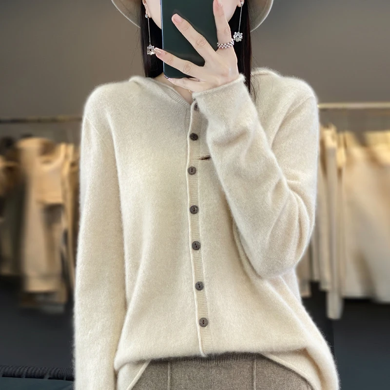 Autumn and winter new 100% pure wool cashmere sweater women\'s hooded cardigan casual sweater fashion solid color loose top