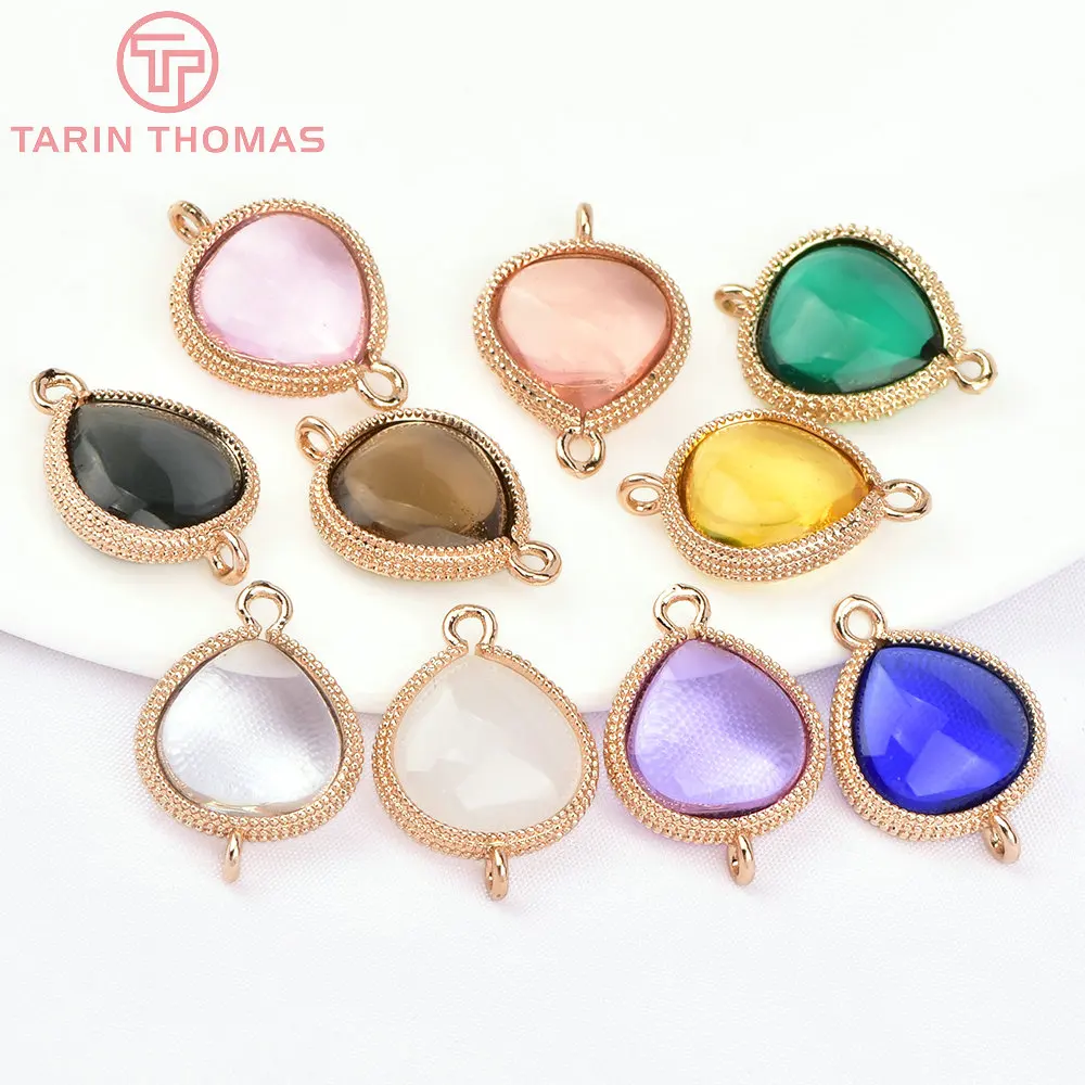 (6316) 10PCS 19x14MM 24K  Gold Color Brass and Glass 2 Holes Drop Shape Connect Charms Pendants Jewelry Findings Accessories