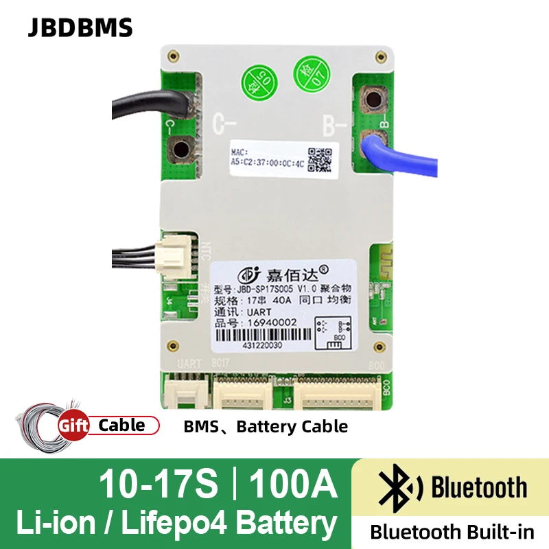 Built-In Bluetooth JBD Smart BMS 10S 11S 12S 13S 14S 15S 16S 17S 100ALithium Battery Protection Board 36V 48V 52V Li-ion LifePo4