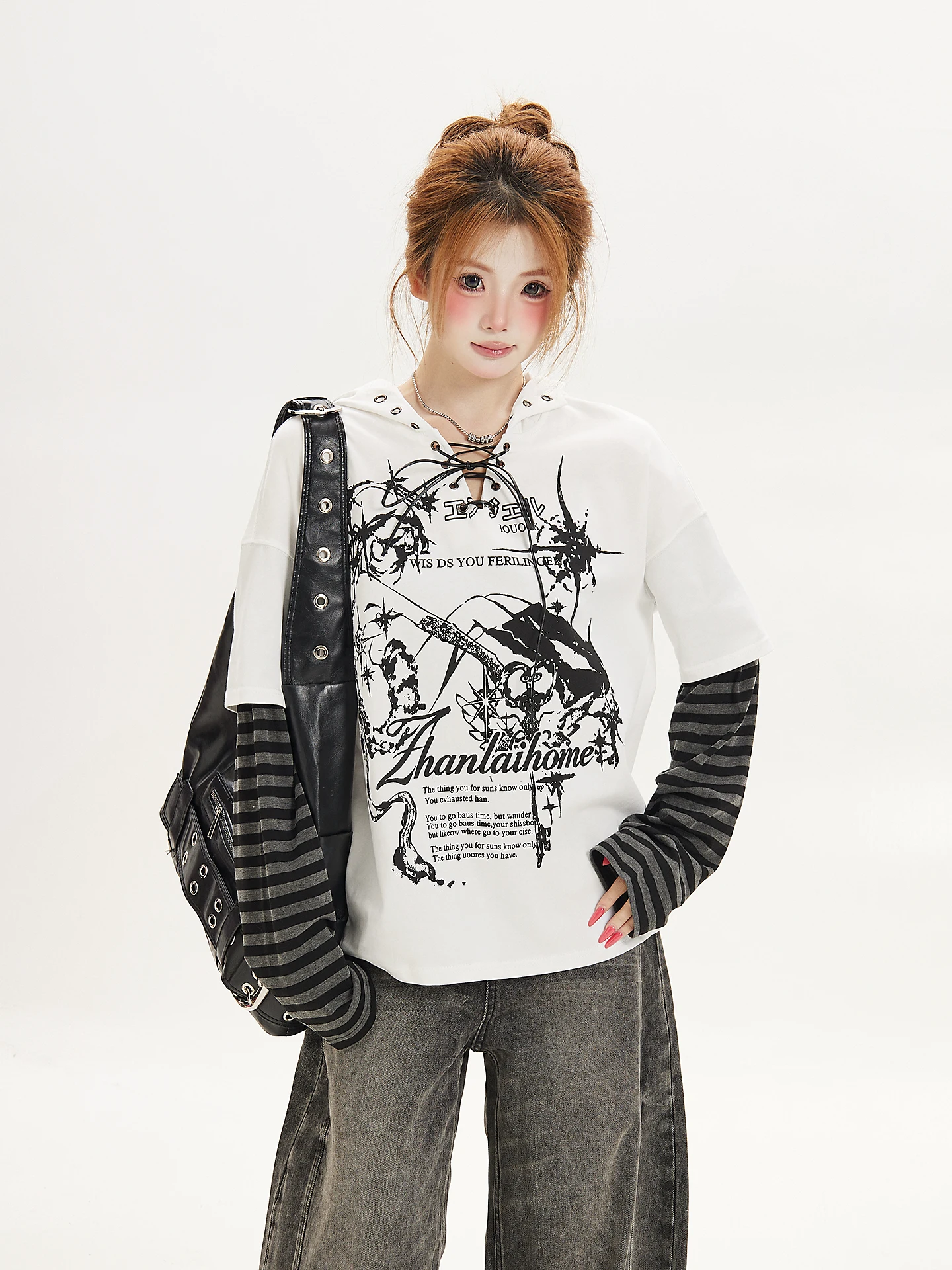 Ant Women's Long Sleeve T-Shirt V-Neck Hooded Tie-Dye Loose Fit Autumn Casual Fashion Creative Print Two-Piece Mock Ensemble