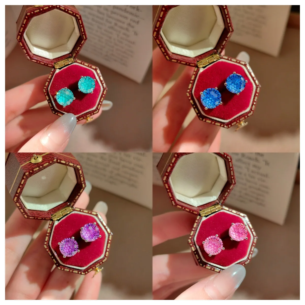 S925 Sterling Silver S925 Blue Stud Earrings Purple Rose Red Diamond Earring Delicate Lightweight Ear Jewelry Ideal Gift