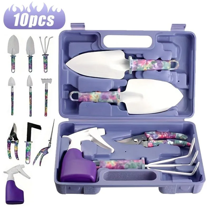 Garden Tools Set, 10 Pieces Gardening Gifts with Purple Floral Print, Ergonomic Handle, Trowel, Rake, Shovels, Pruner, Shears, S