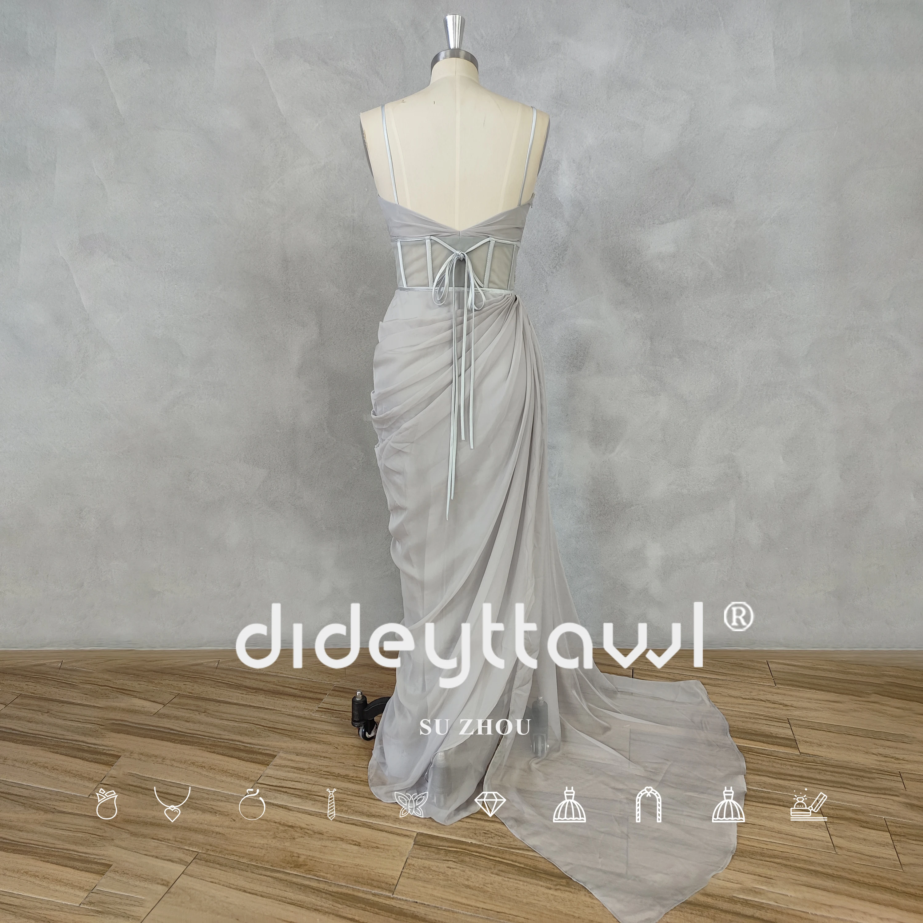 DIDEYTTAWL Real Photos V-Neck Sleeveless Pleats Prom Dress Chiffon Illusion Back Mermaid Floor Length Evening Gown Custom Made