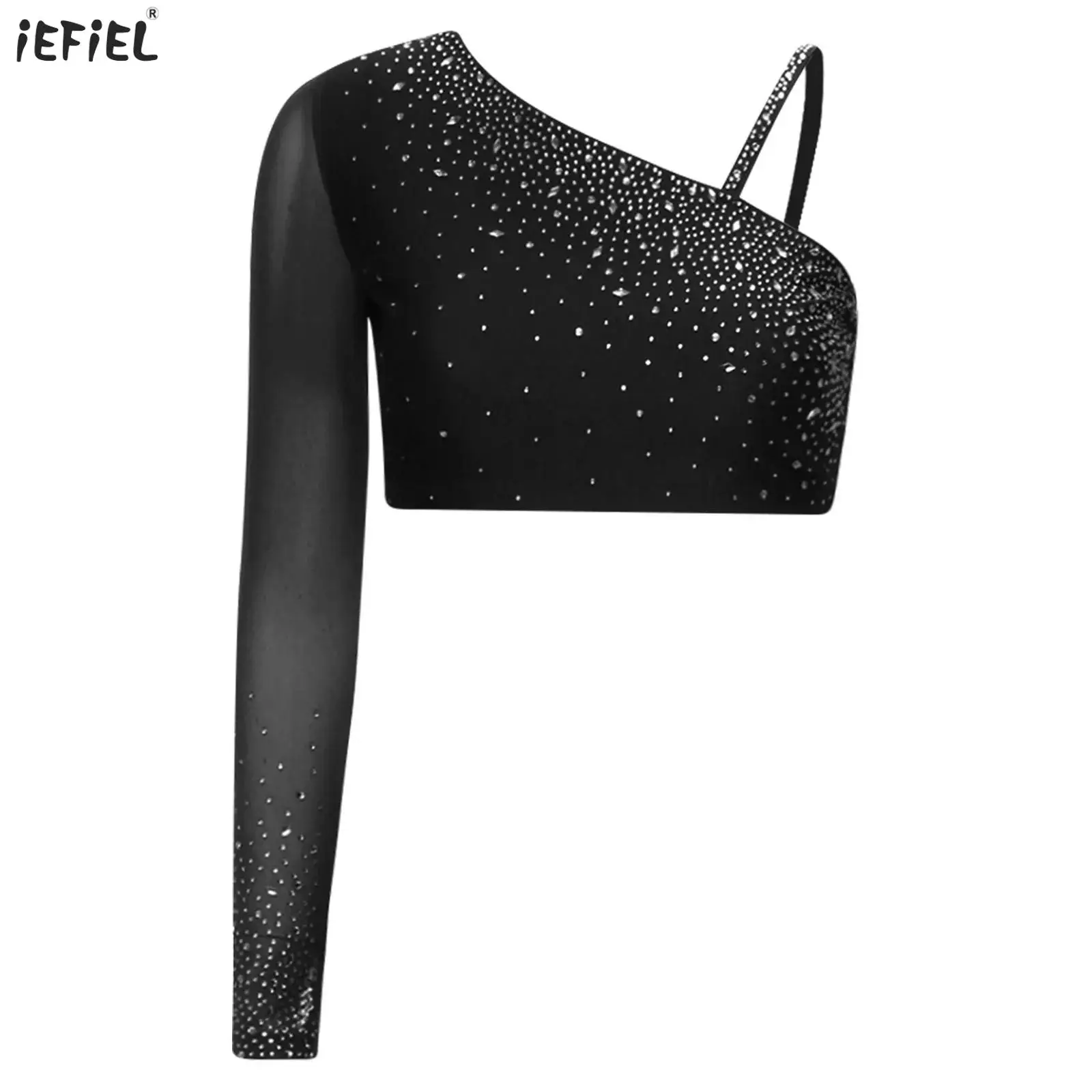 

Women Dance Crop Tops Mesh Long Sleeve Asymmetrical One Shoulder Glitter Rhinestone Pullover Top Contemporary Lyrical Dancewear