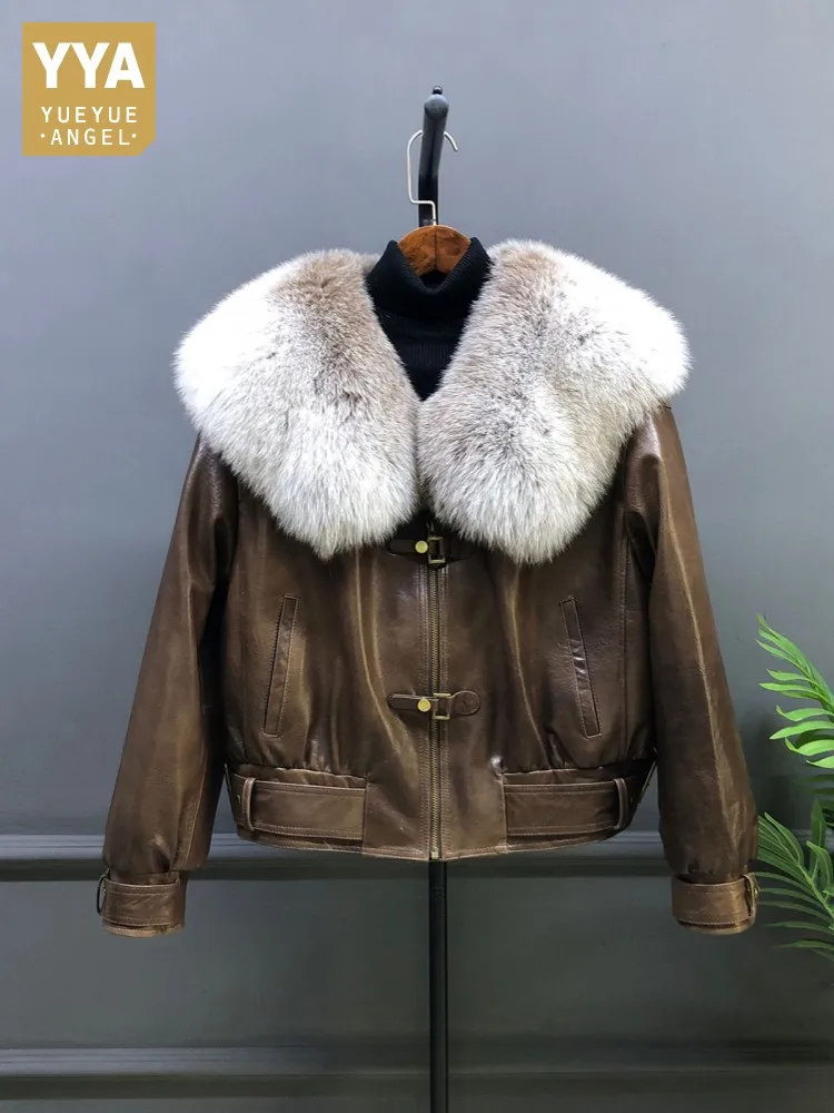 Luxury Winter Women Fox Fur Collar Goose Down Jacket Loose Fit Oil Wax Real Sheepskin Genuine Leather Jacket Thick Warm Overcoat