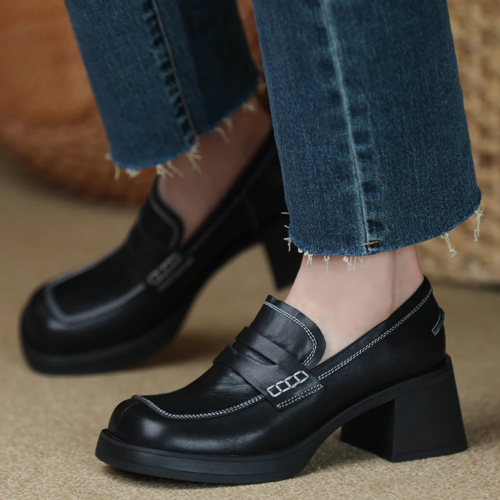 Square Toe Real Leather Women Pumps Spring Autumn Cowhide Med Heel Loafers Slip-On Ladies Vingtage Pumps Dress Prom Career Shoes