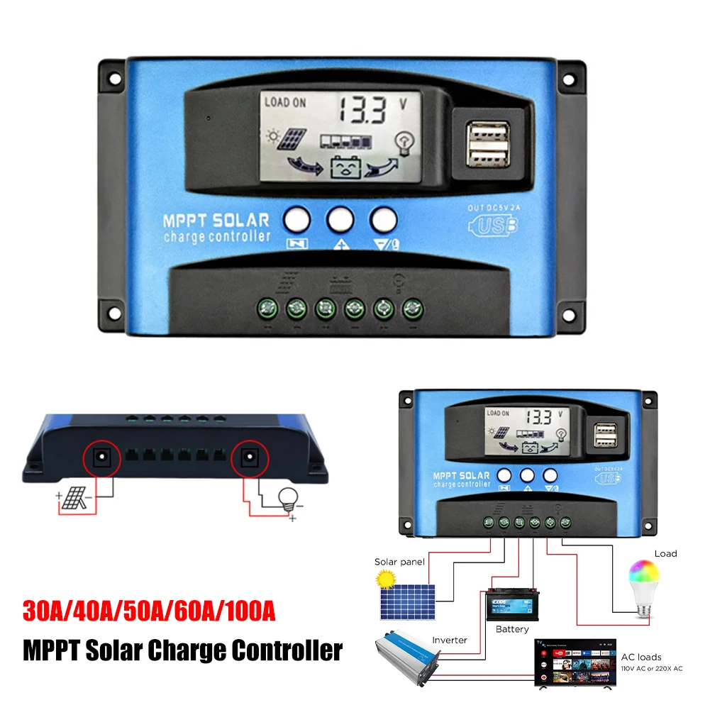 30A/40A/50A/60A/100A MPPT Solar Charge Controller 12V/24V DC Input With 18V/36V Solar Panel LCD Display Solar Panel Regulator