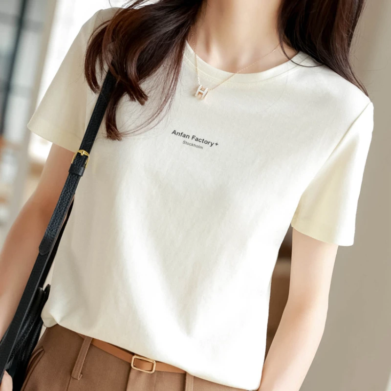 White Summer Short Sleeve Women New Letter Printing Cotton Female Clothing Tee Shirt Fashion Pullover Round Neck Casual Tops