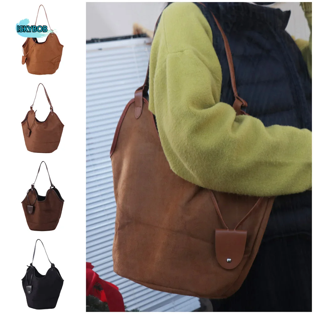 

Повседневная вместительная сумка через плечо из замши, однотонная, в ретро-стиле, женская сумка-тоут, модная корейская коричневая сумка, уличный стиль