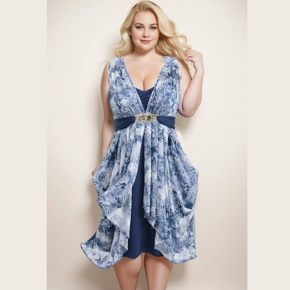 ROSEGAL Plus Size Flowers Print Bowknot Buckle Ruched Asymmetrical Dress Women Summer V-Neck Sleeveless Casual Dresses Vestidos