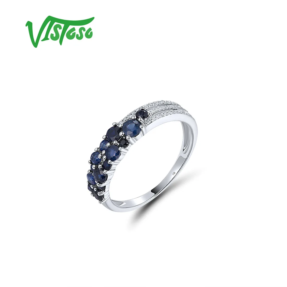VISTOSO Genuine 9K 375 White Gold Ring For Women Sparkling Diamond Blue Sapphire Promise Band Anniversary Trendy Fine Jewelry