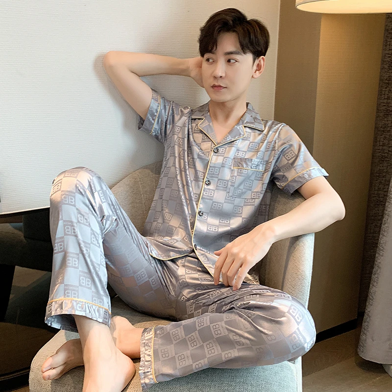 Summer Pjs Fashion Plus Size Mens Pajamas Leisure Ice Silk Elegant Sleepwear for Gentleman Soft Short Sleeve Button Loungewear