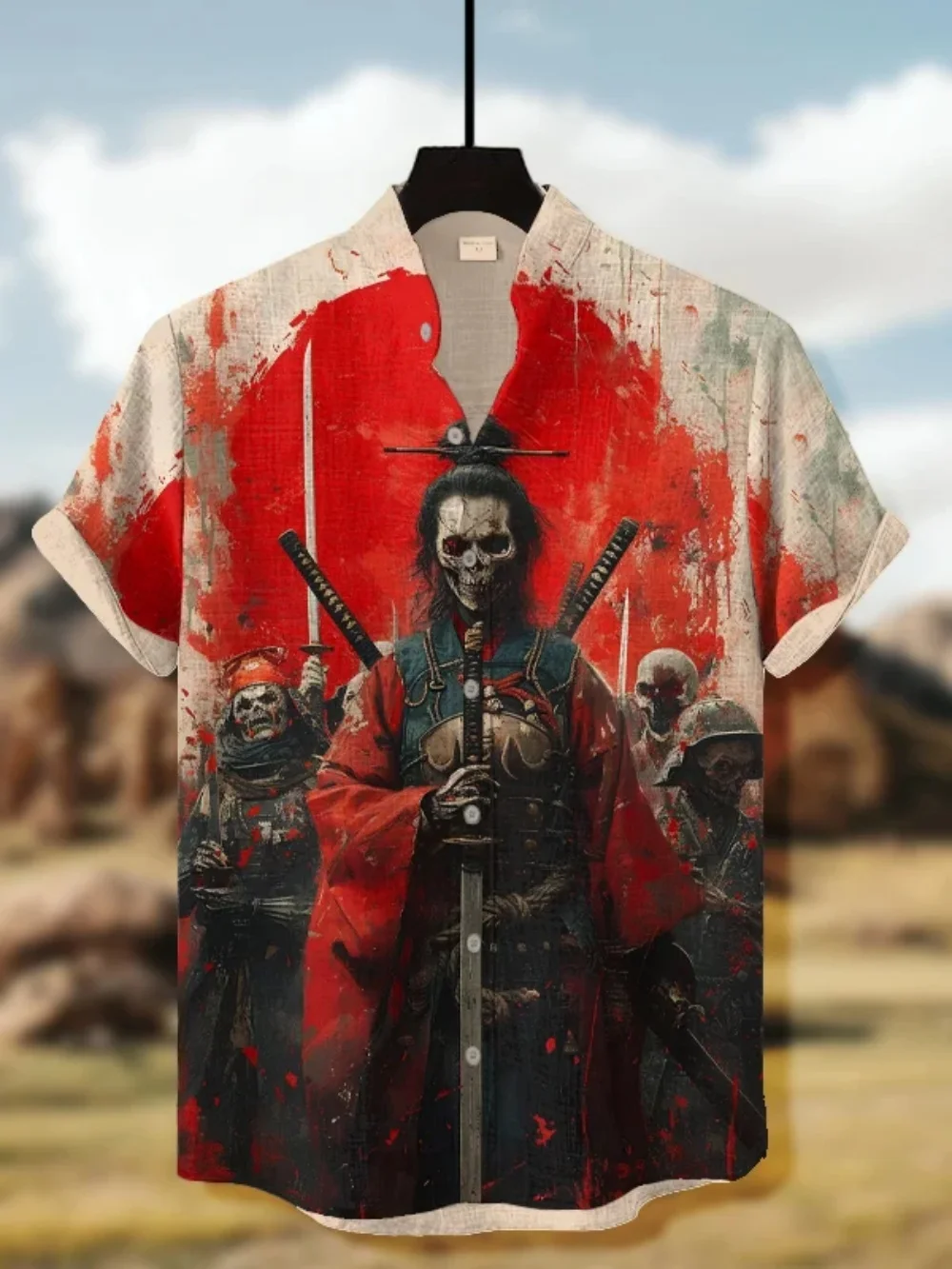 

Men's Summer Short Sleeve Shirt Skeleton Warrior Print Street Casual Stand up Collar Breathable Linen Fast Delivery